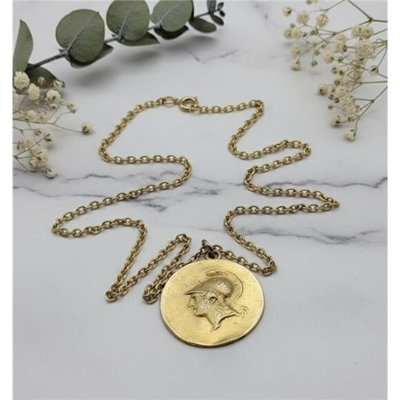 FM Jewelry - Vintage FM Athena Greek Coin Medallion Necklace Gold Tone Museum Replica 24"